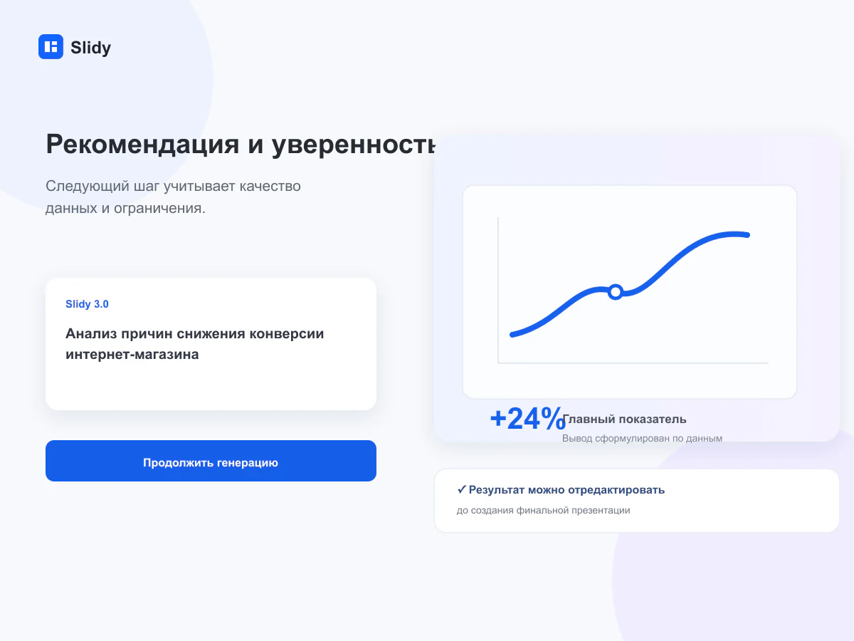 Рекомендация с уровнем уверенности, ограничениями и следующим действием
