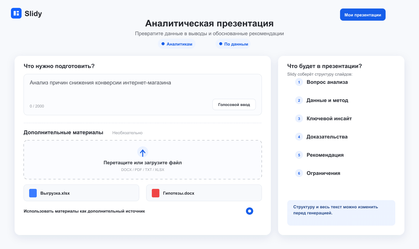 Редактор аналитической презентации с бизнес-вопросом, ключевым выводом, графиками, методикой, ограничениями и рекомендацией