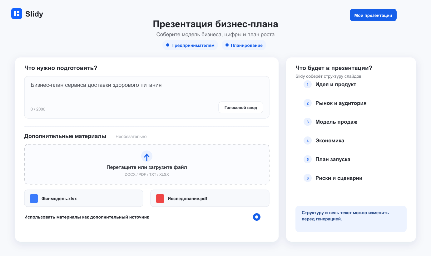 Редактор бизнес-плана со связанной моделью рынка, продаж, операций, денежного потока и сценариев