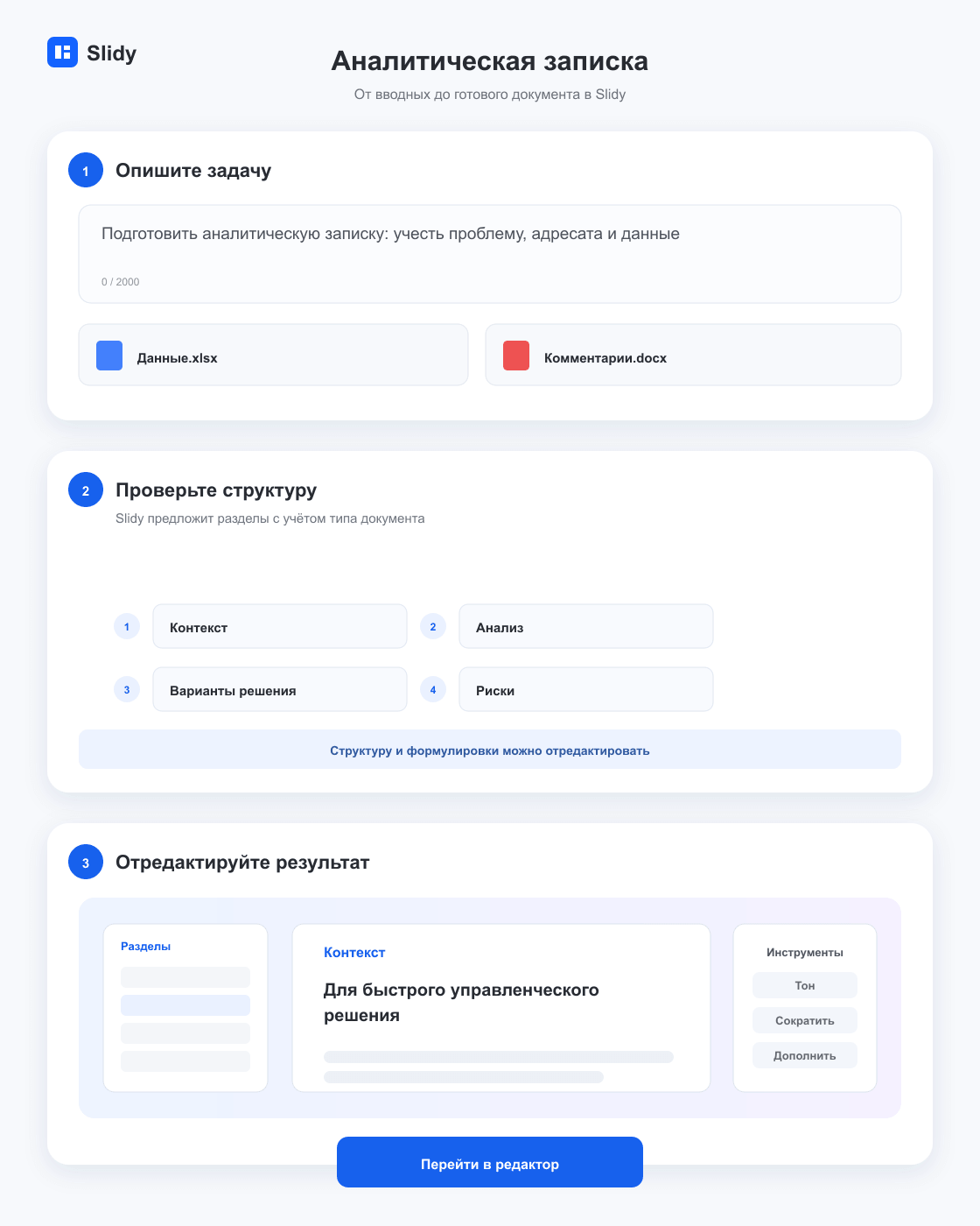 Этапы создания документа «Аналитическая записка»: вводные, структура и готовый редактируемый текст