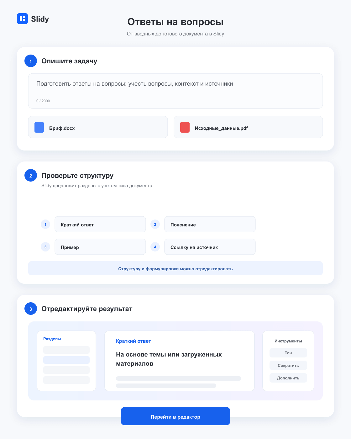 Этапы создания документа «Ответы на вопросы»: вводные, структура и готовый редактируемый текст