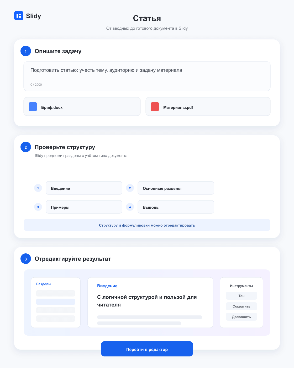 Этапы создания документа «Статья»: вводные, структура и готовый редактируемый текст