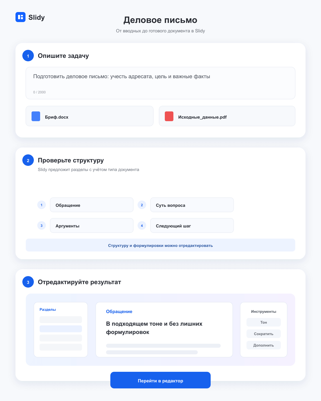 Этапы создания документа «Деловое письмо»: вводные, структура и готовый редактируемый текст