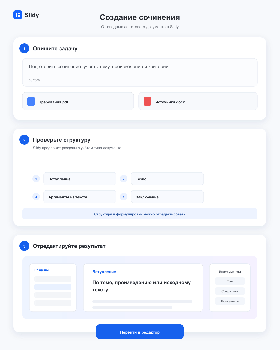 Этапы создания документа «Создание сочинения»: вводные, структура и готовый редактируемый текст