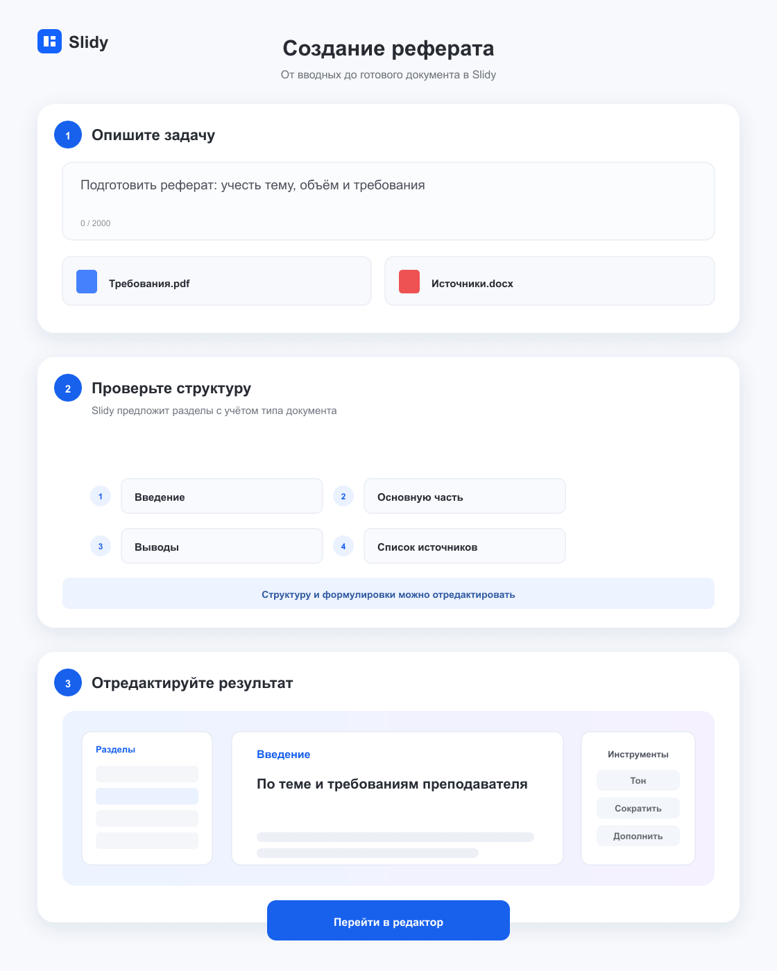 Этапы создания документа «Создание реферата»: вводные, структура и готовый редактируемый текст