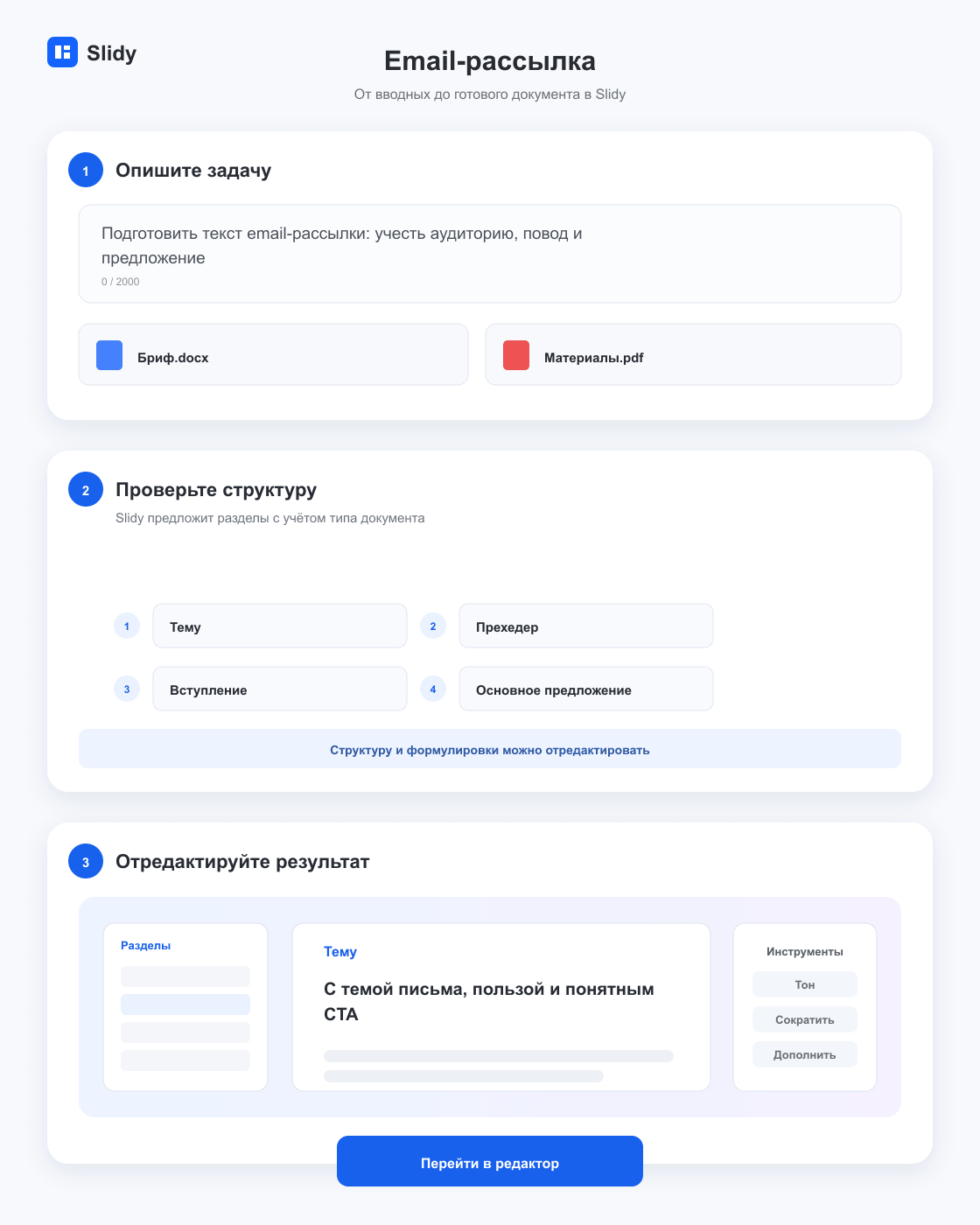 Этапы создания документа «Email-рассылка»: вводные, структура и готовый редактируемый текст