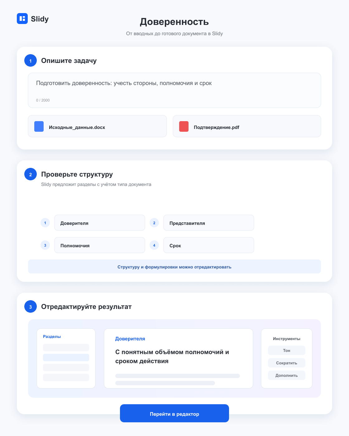 Этапы создания документа «Доверенность»: вводные, структура и готовый редактируемый текст