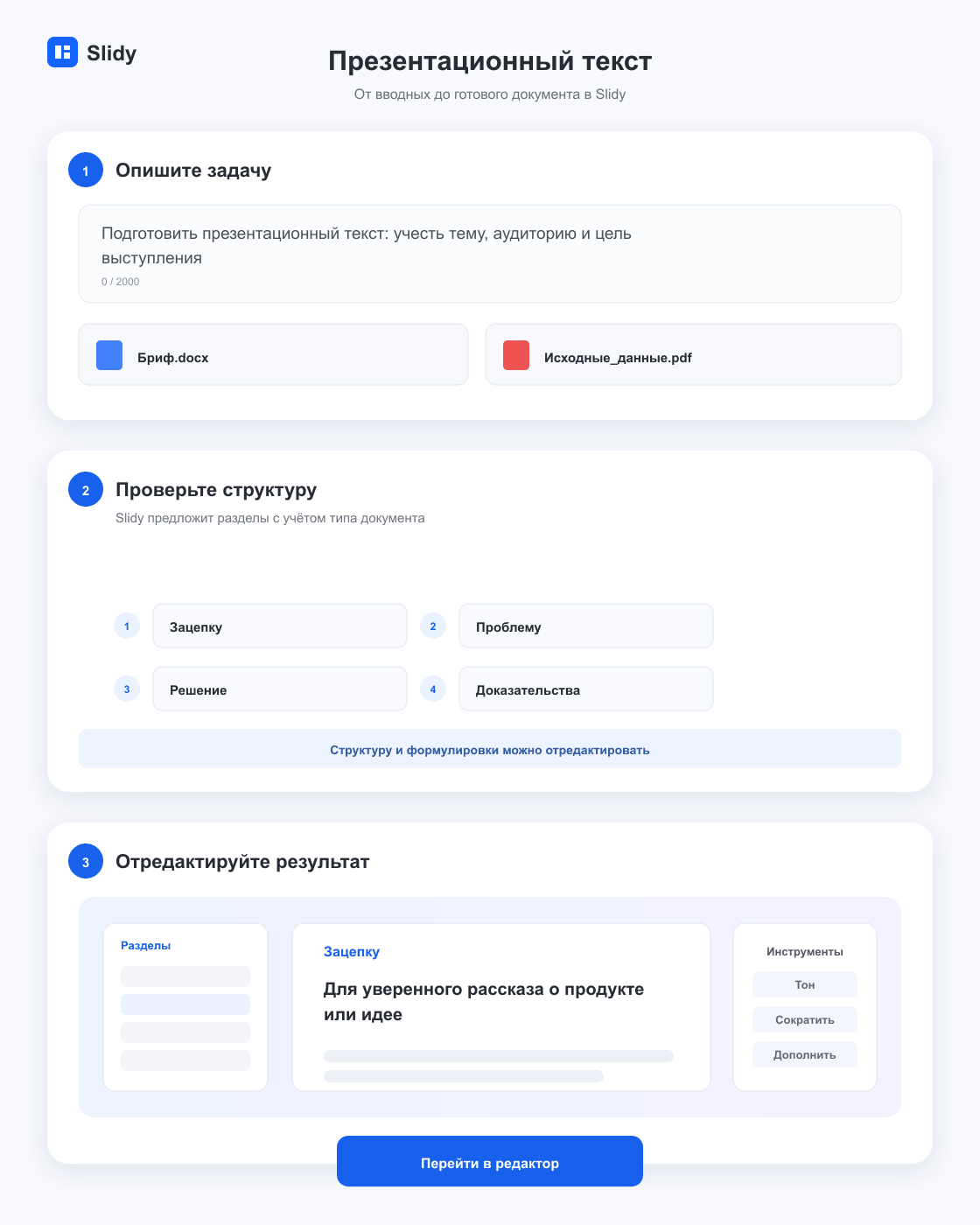 Этапы создания документа «Презентационный текст»: вводные, структура и готовый редактируемый текст