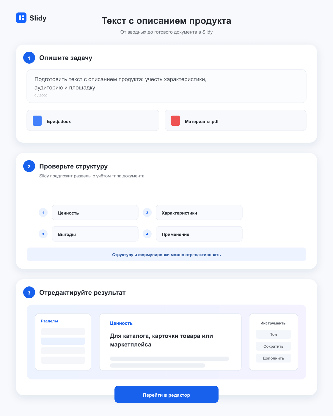 Этапы создания документа «Текст с описанием продукта»: вводные, структура и готовый редактируемый текст