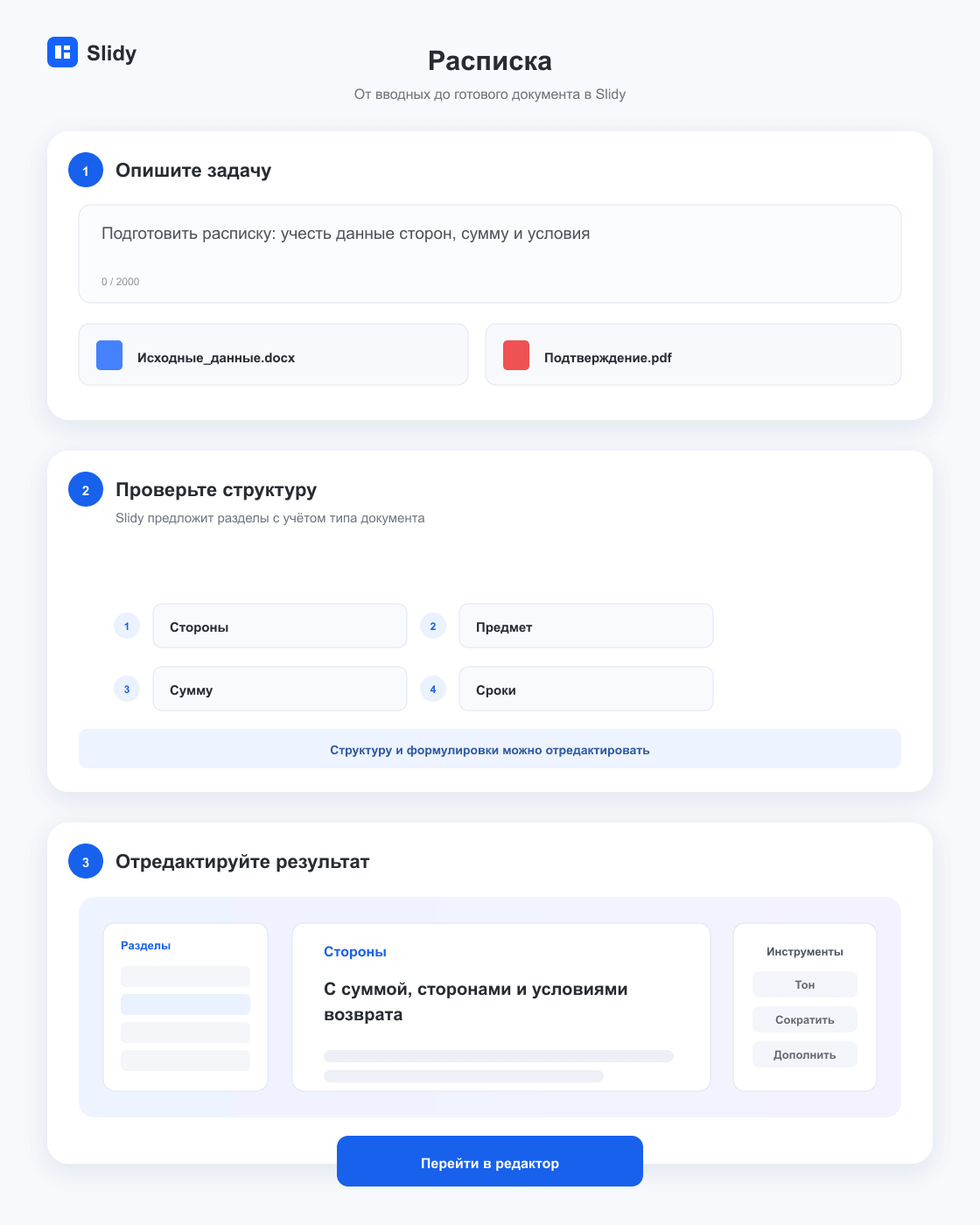Этапы создания документа «Расписка»: вводные, структура и готовый редактируемый текст