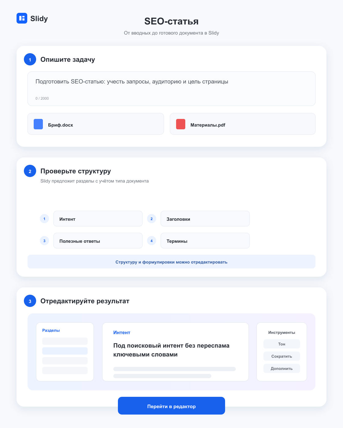 Этапы создания документа «SEO-статья»: вводные, структура и готовый редактируемый текст