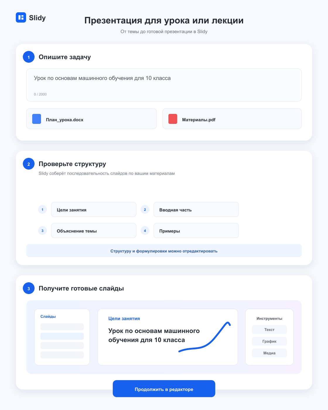 Три этапа подготовки занятия: материалы и аудитория, логика урока и готовые слайды